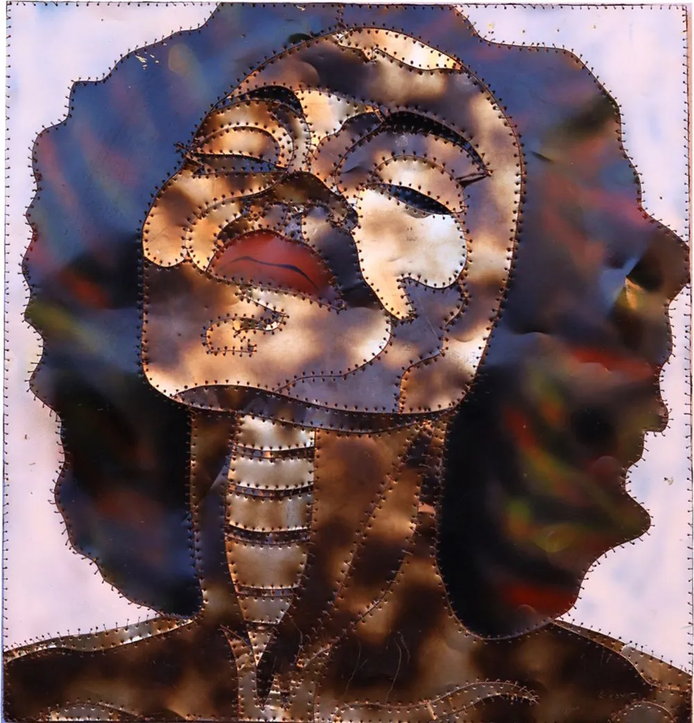 A figure with the head tilted back and eyes closed, built entirely from scorched and stitched panels in browns and golds