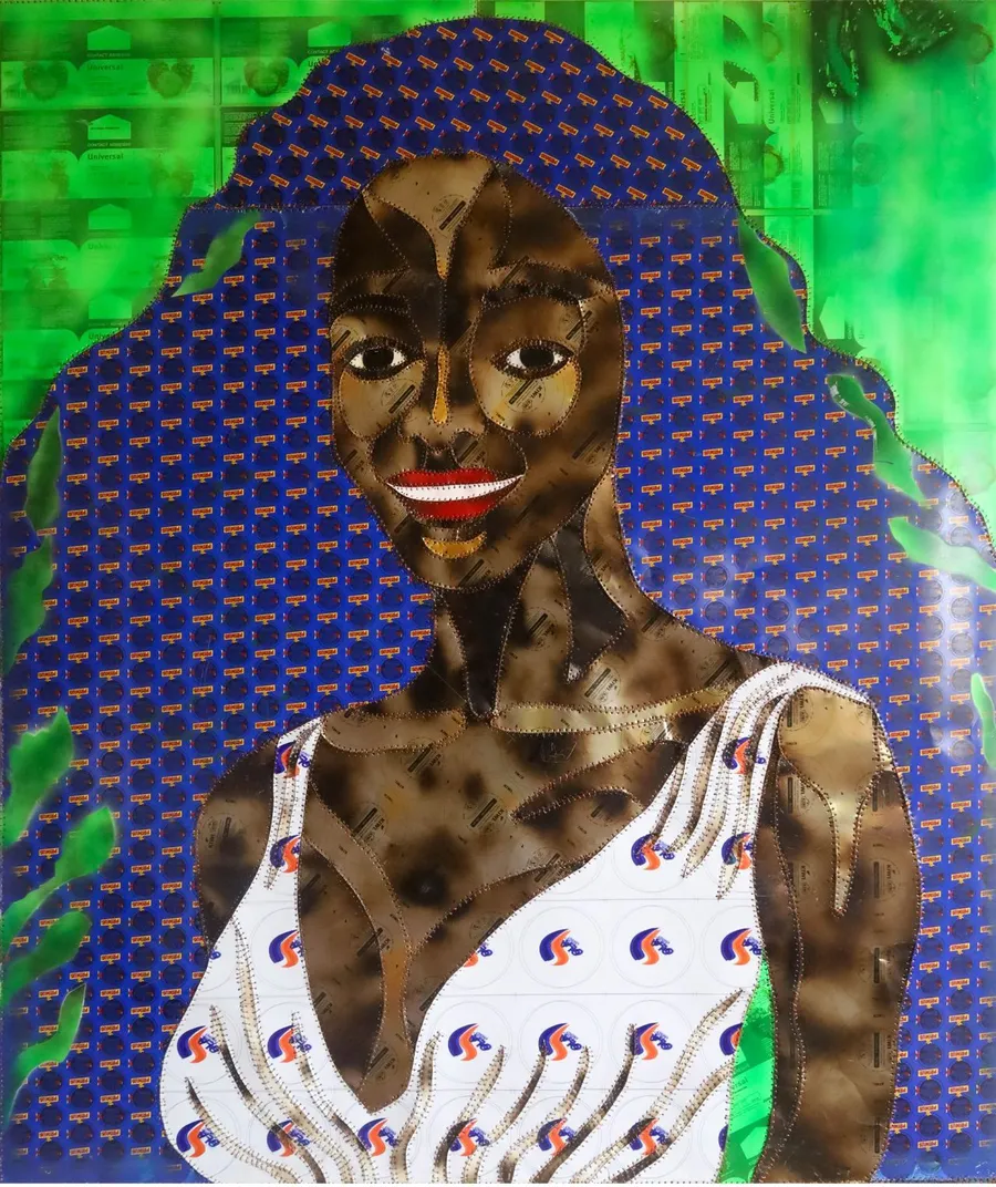 A portrait in scorched panels with a wide halo of blue dotted paper, in a white flowered top, against a bright green ground