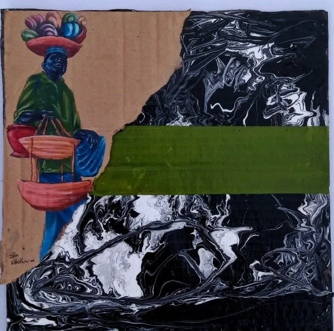 A seller with a basket of produce on her head and two more in her hands, painted on cardboard with a green band