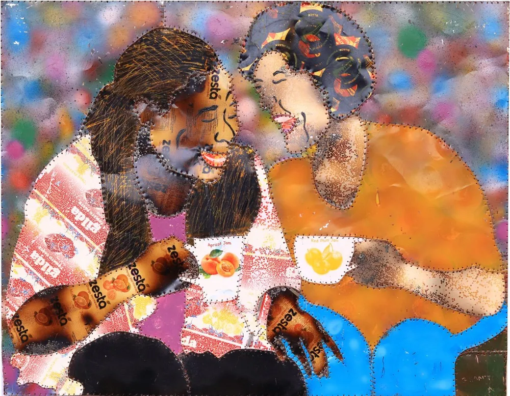 Two figures leaning together over cups, one in a pink printed top, against a mottled orange and blue ground