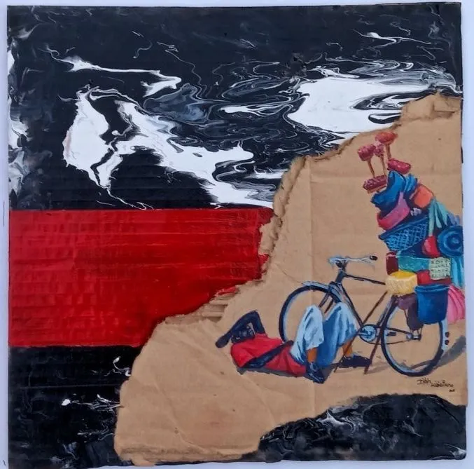 A cyclist with a heavily loaded bicycle, painted on torn cardboard beside a red band and poured black and white paint
