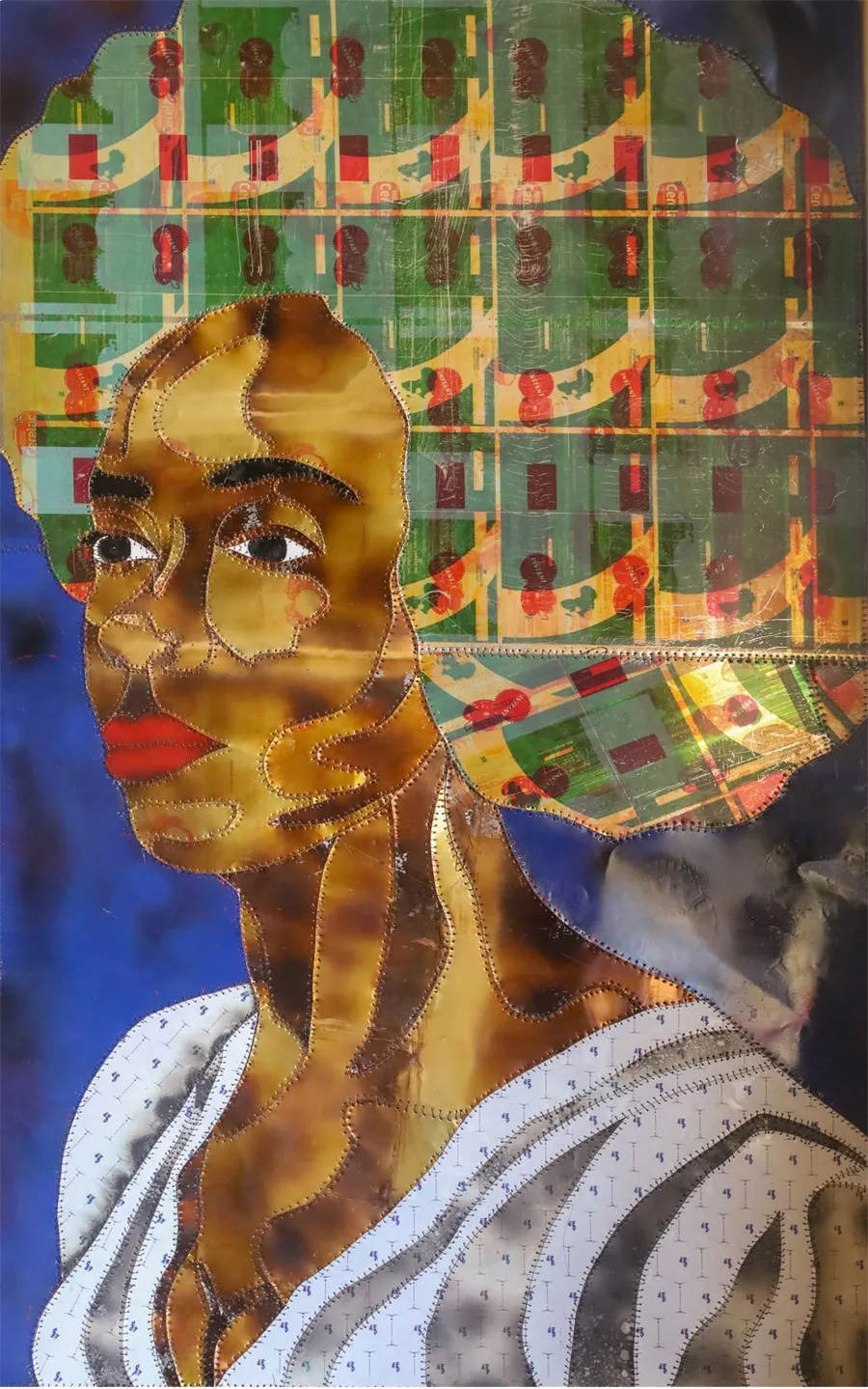 A portrait against a grid of green and red tin labels, the face in warm cut metal, in a striped wrap