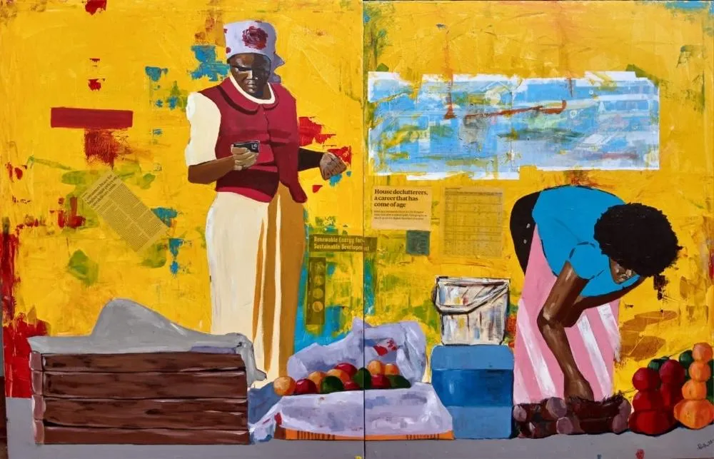 Two market traders across a painting in two panels, one standing with a phone above crates of fruit and one bending over a basin of onions, against a yellow ground of pasted cuttings