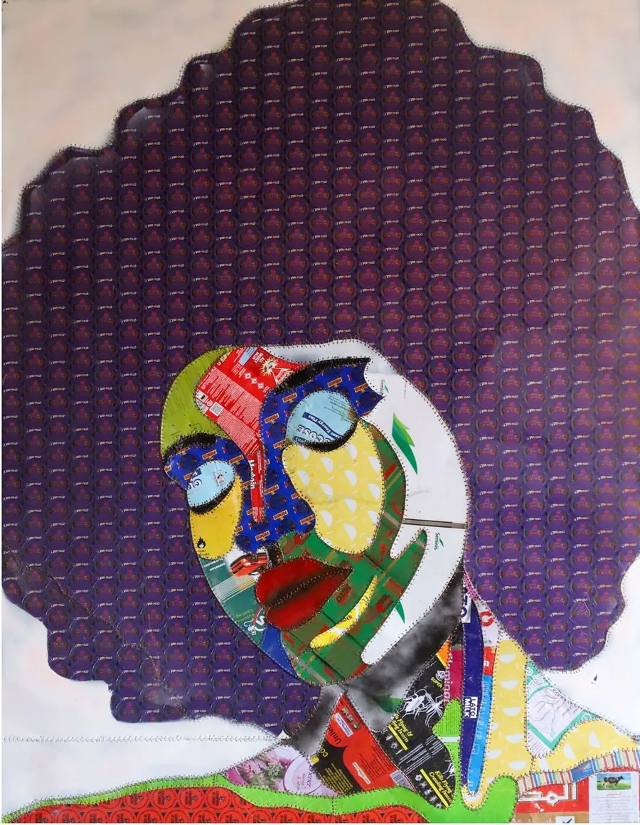 A portrait with a deep purple dotted halo, the face and shoulders assembled from brightly printed packaging