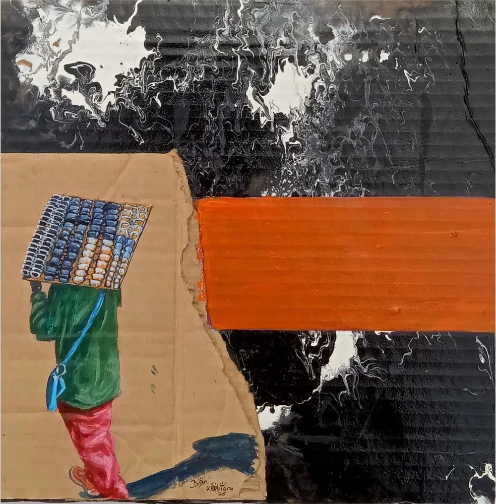 A vendor carrying a tray of sunglasses on their head, painted on torn cardboard against an orange band