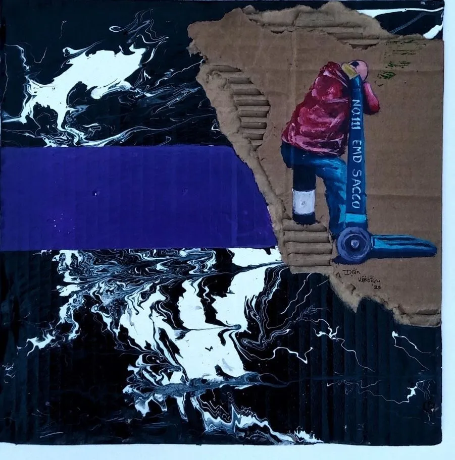 A figure in a red jacket leaning over a handcart, painted on torn cardboard beside a purple band and poured black and white paint