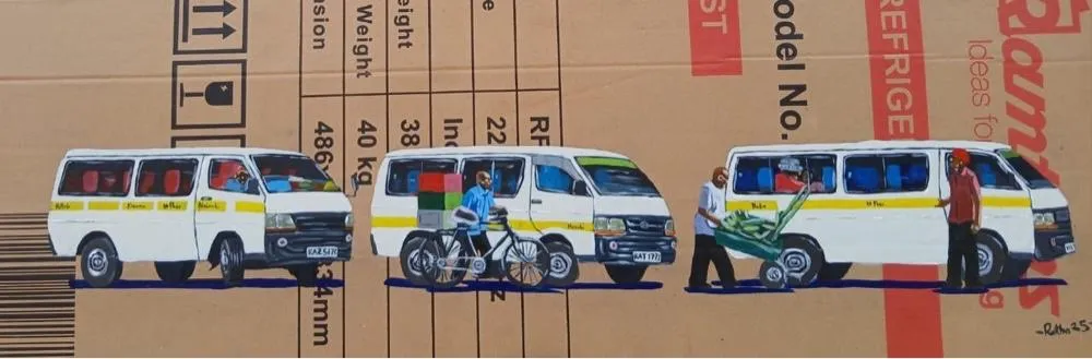 A long narrow strip of three white matatus in a row with a cyclist and two men pushing a handcart between them, painted across printed packing cardboard