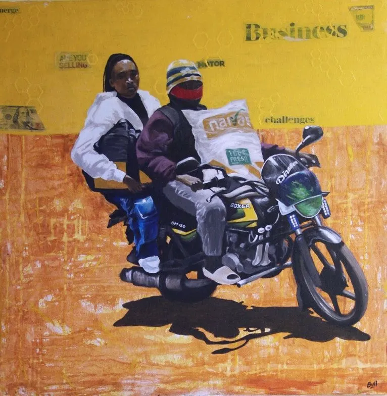 Two riders on one motorcycle carrying a white sack between them, against a yellow and ochre ground