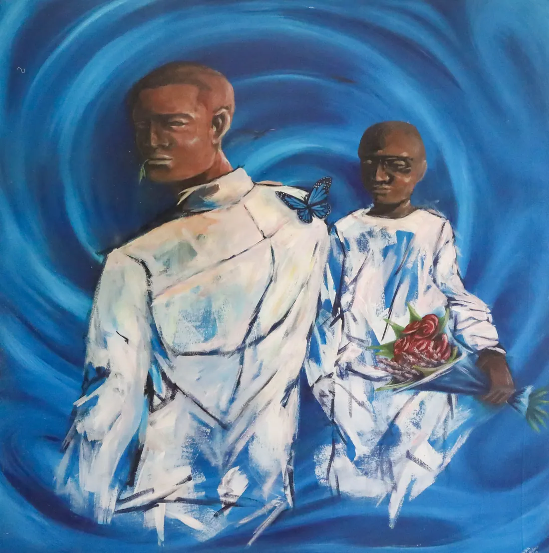Two figures in loose white clothing standing against a deep blue swirl, one holding a bundle of flowers, a butterfly at the shoulder of the other