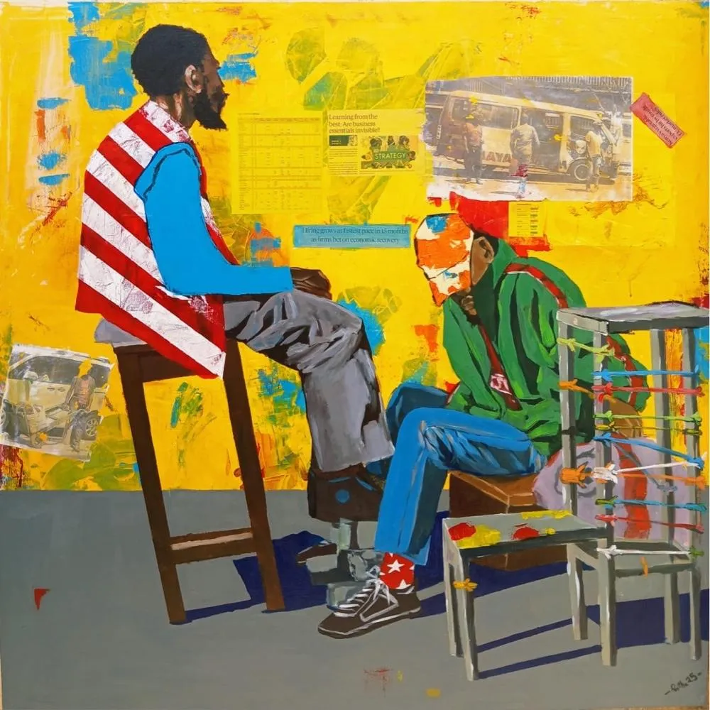 Two men on stools facing each other against a yellow wall pasted with newspaper cuttings about hiring and the economy and photographs of matatus