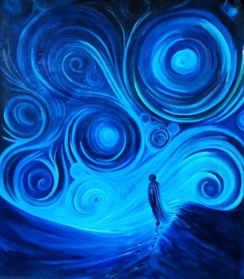Concentric blue spirals fill the canvas, a single small figure standing where they open into pale water at the lower right