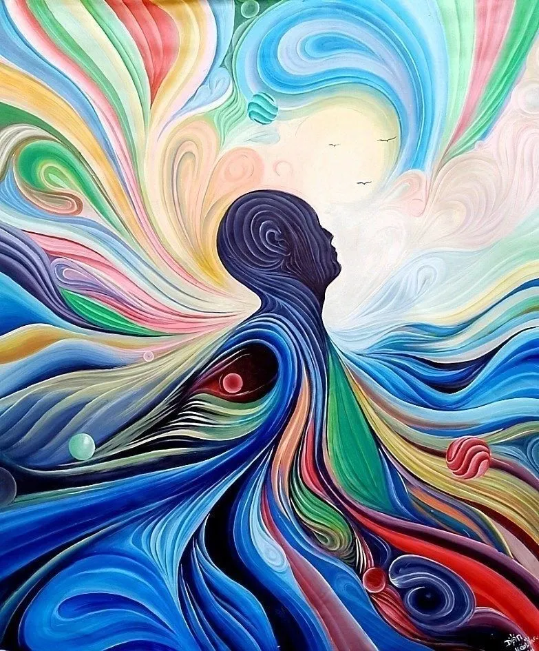 A figure in profile dissolving into ribbons of blue, rose and green that stream out behind the head and shoulders