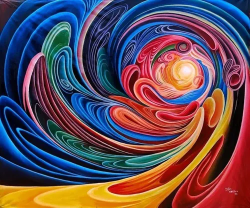 Untitled 13, bands of blue, red and gold curling around a bright core, by Daniel Kabiaru