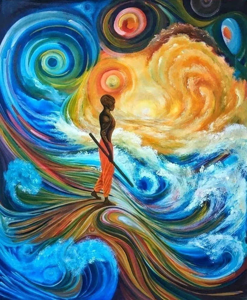 A lone figure in orange stands with a staff on a ridge, the sky above breaking into a gold sun and curling blue water