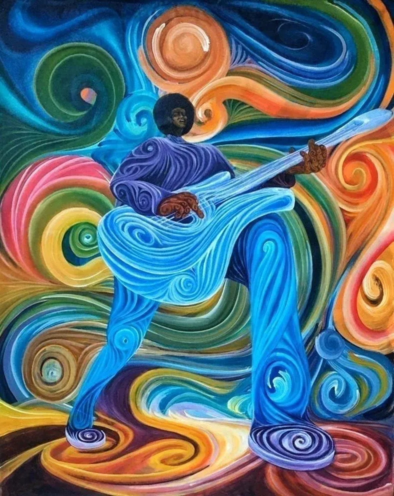 A guitarist mid stride, body and clothes built from curling blue ribbons, against a ground of orange and green spirals