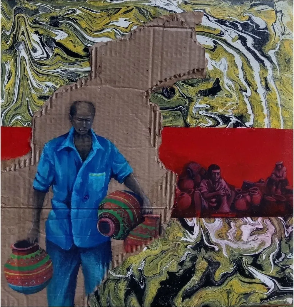 A potter in a blue shirt carrying two patterned pots, cardboard laid over the canvas behind him and a red band of small seated figures at the right
